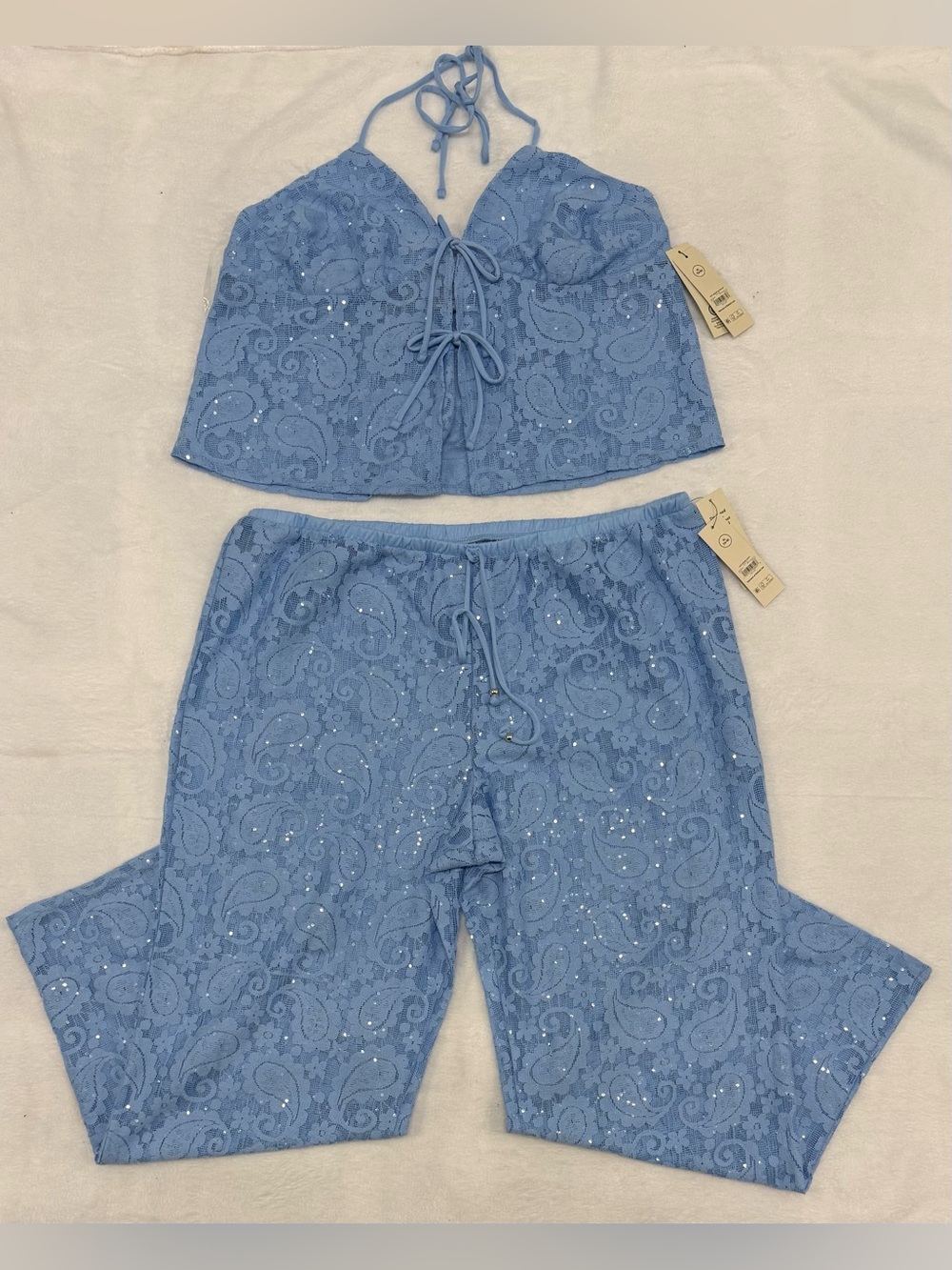 No Boundaries Lace Sequin Halter Top & Pants Swimsuit Coverup Set Blue XL NWT